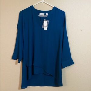 New York & Company Teal Asymmetrical Hem Blouse Size: XS